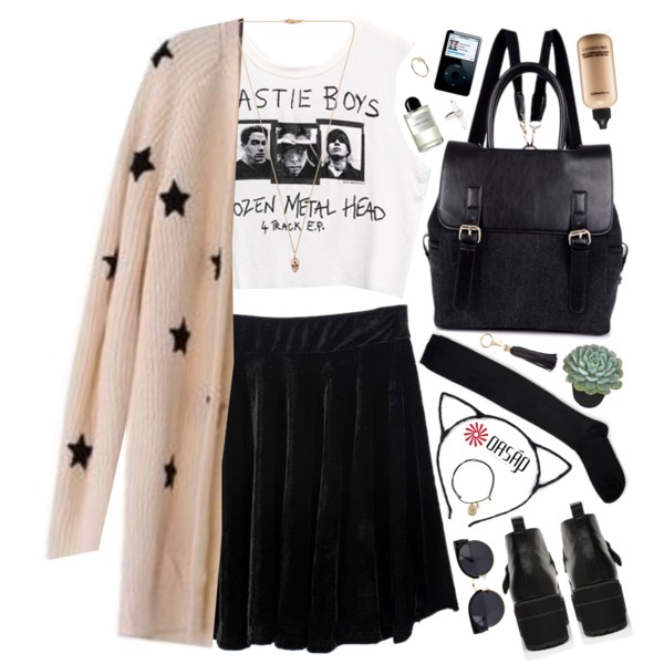 A fashion look from August 2014 featuring graphic tees, black skirt and knee socks. Browse and shop related looks.