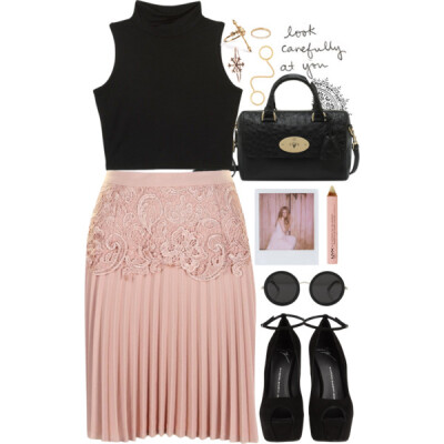 A fashion look from December 2013 featuring sleeveless high neck top, pink skirt and ankle strap pumps. Browse and shop related looks.