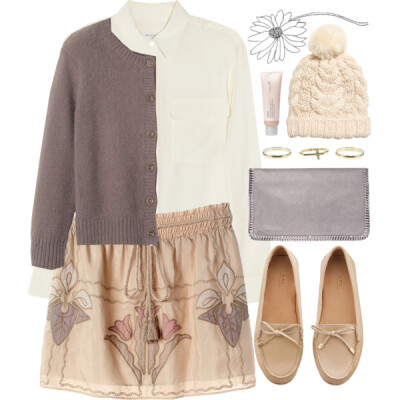 A fashion look from November 2013 featuring grey cardigan, silk blouses and beige skirt. Browse and shop related looks.