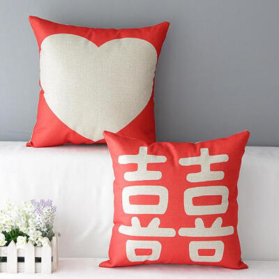 宜家日系韩式红色喜字婚庆靠垫棉麻抱枕办公室沙发垫护腰