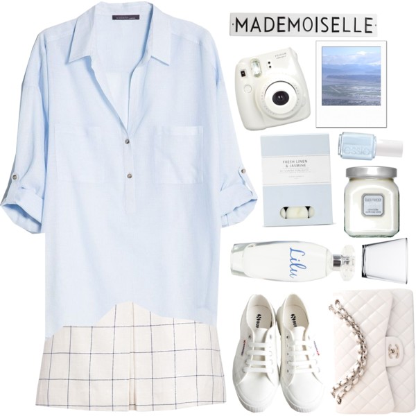A fashion look from July 2014 featuring stripe long sleeve shirt, a-line skirt and white canvas shoes. Browse and shop related looks.