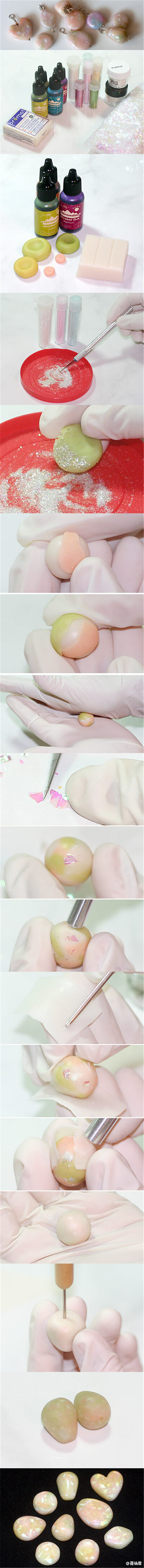 #Polymer Clay Tutorial—Faux Opal#用软陶人造欧泊。这个教程告诉大家，软陶能巧妙地模仿许多天然材料，欧泊就是其一，你甚至能用它做出各种你喜欢的宝石颜色。这里展示了如何制作粉色欧泊，你需要用到彩色和半透明…