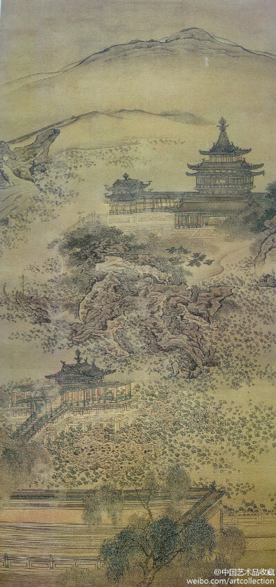 【 清 袁耀 《汉宫夏景图》 】轴，绢本设色， 97×51cm。 本图将它作为一座行宫表现，少界面楼台作品中常见的板滞气，加进了山水画的灵秀、明丽，使画面显得活泼而不失庄重，清雅而不失富贵。山、水、树木、水草等自…