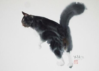 水墨猫，栩栩如生，慵懒的灵动。丨来自画家村上豊。