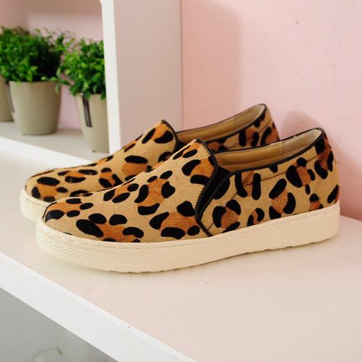 韩国春秋欧美豹纹平跟懒人鞋低帮休闲鞋一脚蹬马毛鞋子