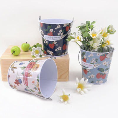 蓝果蝶舞马口铁装饰小桶 迷你碎花可挂花桶 家居饰品 铁艺收纳筒