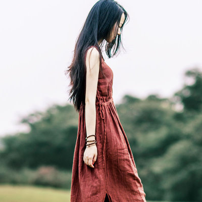 森女系小清新棉麻长款连衣裙 文艺无袖仙女长裙