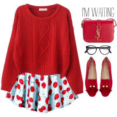 A fashion look from March 2015 featuring preppy sweaters, cherry skirt and suede flats. Browse and shop related looks.