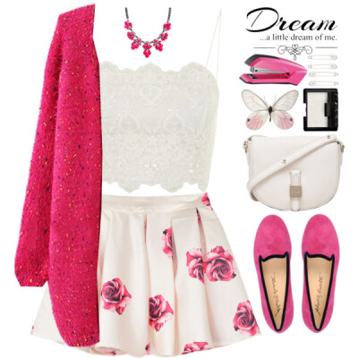 A fashion look from March 2015 featuring pink sweater, white shirt and red skirt. Browse and shop related looks.