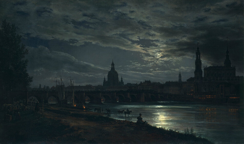 作者:Johan Christian Claussen Dahl (February 24, 1788 – October 14, 1857) 作品名 ：View of Dresden by Moonlight月光下德累斯顿的风景》，柯罗作