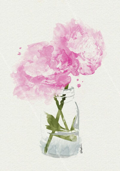 pink peonies in vase watercolour by sara woodrow