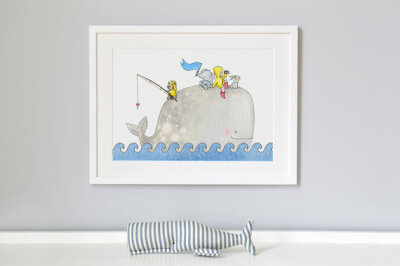 Whale Nursery Art, Kid's Picture, Fine Art Giclee Print, Baby's Bedroom Watercolour, Drawing, Nautical Illustration, Sea, Ocean, decor