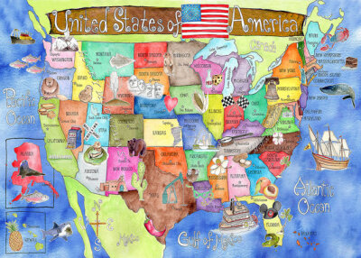 Kids children's fun 18 x 24 inch NEW royal BLUE United States of America watercolor art map poster by Marley Ungaro