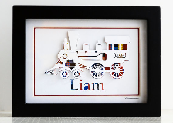 Personalized Train for Boy Babies - Collage Art Made From Recycled Paper