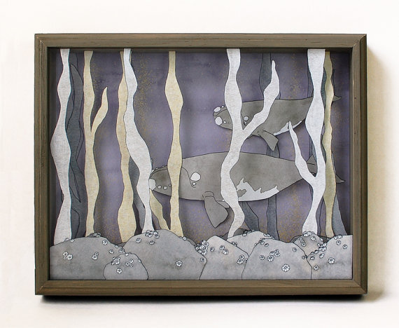 Seaweed Forest- printed whale shadow box- MADE TO ORDER