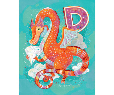 D is for Dragon with a Diamond: Kids room art print of alphabet illustration