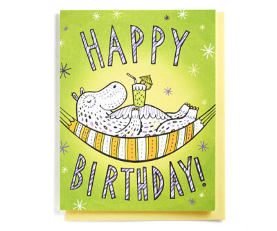 Birthday Card: Hippo relaxing on a hammock, illustrated and hand-lettered in lime, yellow and purple