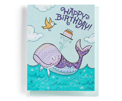 Birthday Card: Whale and Bird are friends, love cake. Illustrated and hand-lettered in blue, purple and yellow