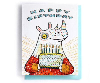 Birthday Card: Rhinoceros with birthday cake, illustrated and hand-lettered in orange and blue