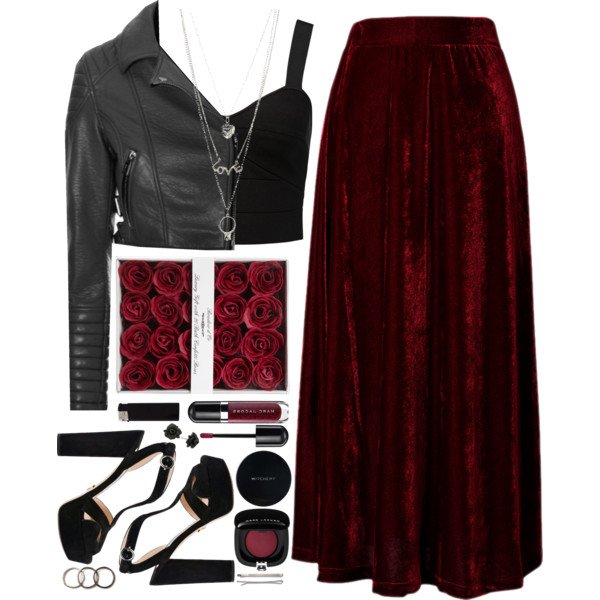 A fashion look from March 2015 featuring bralette crop top, black moto jacket and long red velvet skirt. Browse and shop related looks.