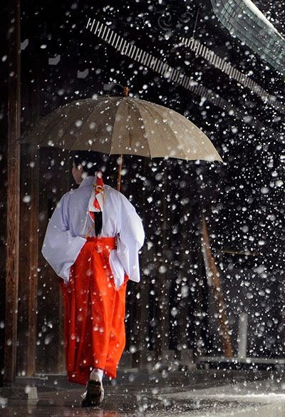 日本神社的巫女，红裙子白大褂，她们的笑容总会给人一种温暖。