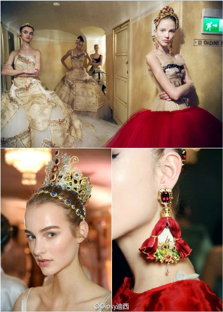 高订中最为神秘的Dolce&amp;amp;Gabbana Alta Moda 2015系列在米兰La Scala歌剧院门厅内华丽开演,源起欧洲皇室贵族间的宫廷芭蕾舞剧,反正在打造宫廷式浮夸这条路上DG从来都是佼佼者,舞衣舞鞋演变而来的华服披风和鞋袜皆被珠片刺绣所装饰,甚至芭蕾名伶佩戴的发带和皇冠都华丽升级为彩宝和纯金共铸的高级定制珠宝