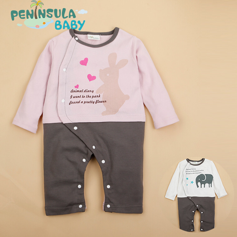 peninsula baby春夏纯棉粉兔灰象拼接哈衣 宝宝爬服 连身衣