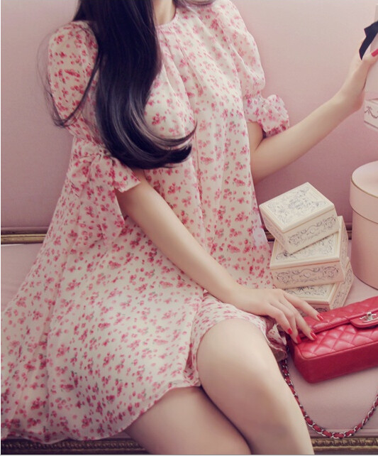 代购 韩国直发Milkcocoa正品代购春款甜美樱桃花蝴蝶结宽松连衣裙