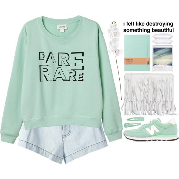 A fashion look from March 2015 featuring green top, jean shorts and New Balance. Browse and shop related looks.