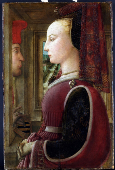 1440年里皮(Fra Filippo Lippi)的《女人肖像》(Portrait of a Woman with a Man at a Casement), 美国纽约大都会博物馆