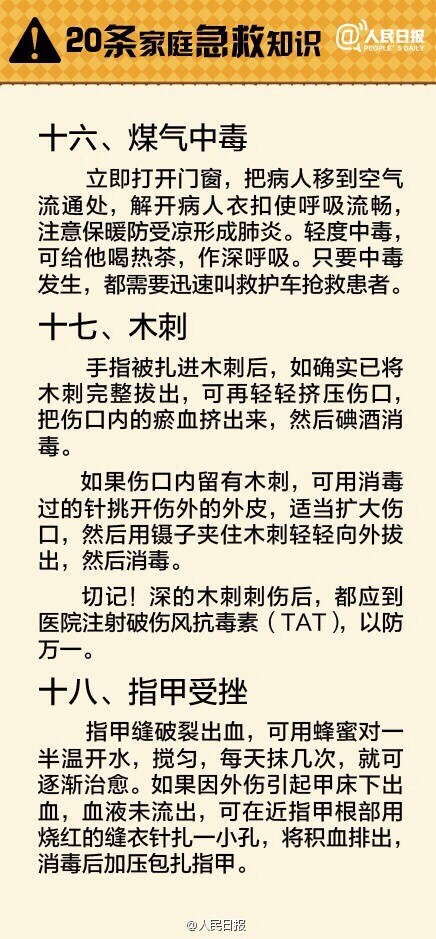 【20条家庭急救知识】异物入眼，鼻出血，手指切伤，煤气中毒，烧烫伤……遇到这些意外怎么办？救治不当很可能会造成二次伤害，甚至会延误救命！平日的一点学习，关键时候可能派上大用场！快来学学急救常识！收藏，管用！转！#技能大叔#