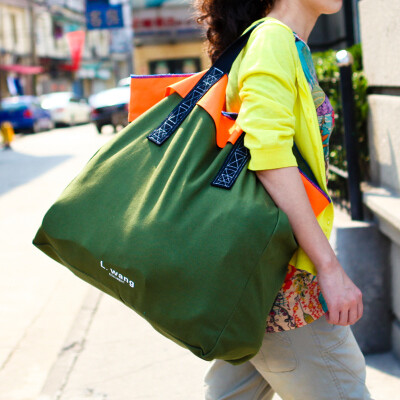 L.WANG乐往原创品牌文艺范复古超大结实品质军绿色帆布大包包A023