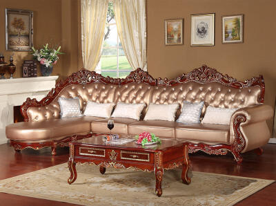 千巢家居 欧式沙发组合 全实木雕花小牛皮真皮 法式高档客厅家具