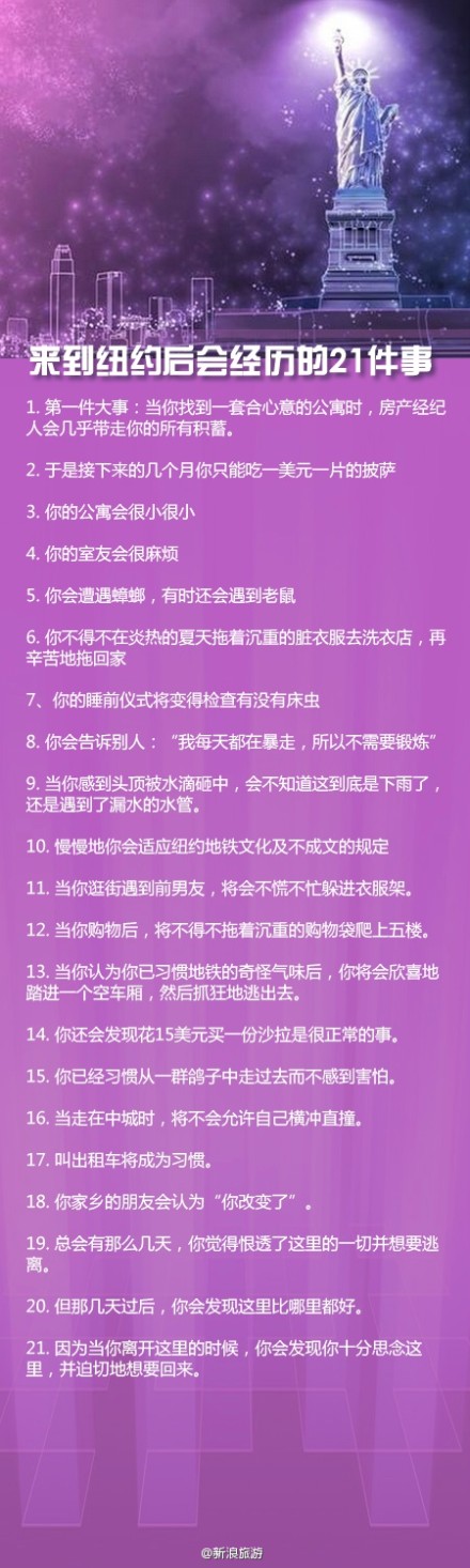 【来到纽约后会经历的21件事】对于很多年轻人来说，纽约是实现梦想的天堂。然而，在来到纽约之后，却有21件事是你肯定会经历的......