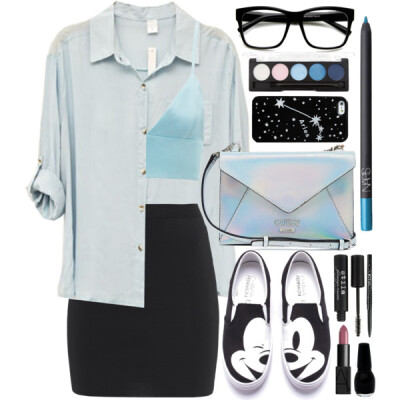 A fashion look from March 2015 featuring blue button shirt, white tops and pencil skirt. Browse and shop related looks.