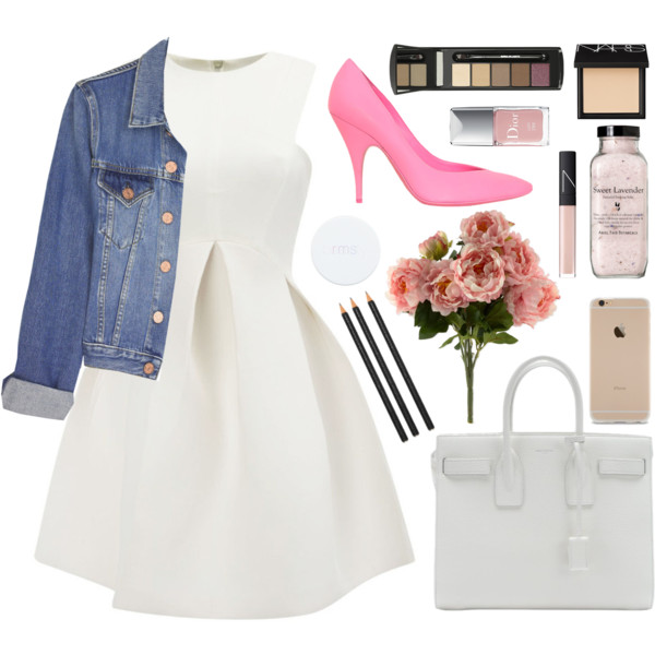 A fashion look from March 2015 featuring white cocktail dresses, denim jacket and pink shoes. Browse and shop related looks.