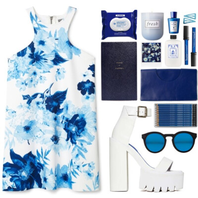 A fashion look from March 2015 featuring white shoes, blue handbags and round sunglasses. Browse and shop related looks.