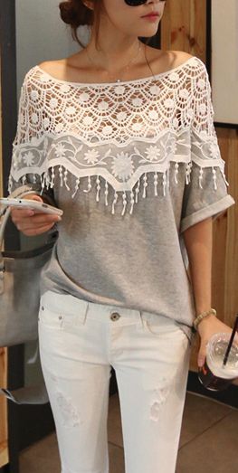 Cute crochet detail grey top fashion