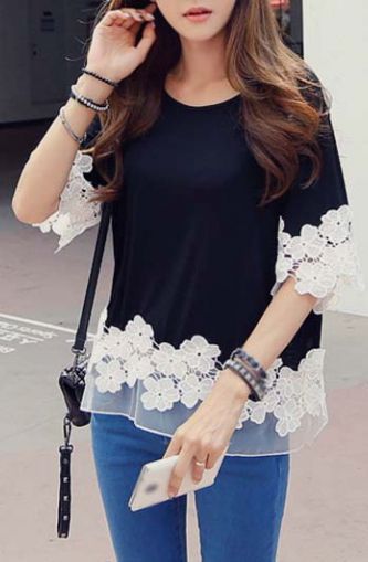 Fashionable Half Sleeve Lace Splicing T Shirt Black