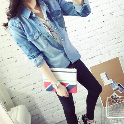 绝对精品！春秋韩版修身显瘦复古中长款牛仔衬衫女长袖衬衣薄