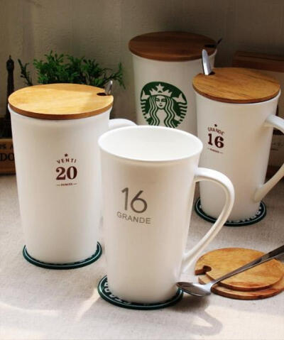 三月鸢尾 星巴克风简约大容量磨砂陶瓷咖啡牛奶水杯礼品 盖勺杯垫