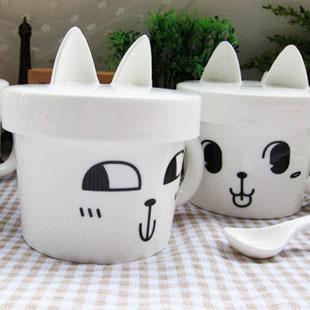 创意可爱卖萌系猫耳朵表情 陶瓷早餐杯子马克水杯礼物 带盖带勺