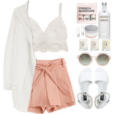 A fashion look from August 2014 featuring white tops, theory coat and short shorts. Browse and shop related looks.