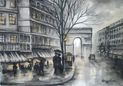 Rain In Paris - Original Watercolor -The Arch Of Triumph - Rainy Cityscape - Umbrella Painting - Contemporary Fine Art By Gargovi