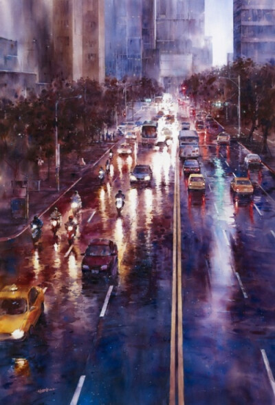 Rainy cityscape. Watercolor painting by Chinese artist Ching-Che Lin