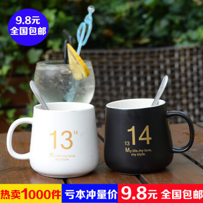 韩国创意杯子星巴克陶瓷情侣杯带盖水杯带勺1314对杯奶茶杯咖啡杯