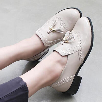 韩国2015春季女鞋英伦流苏低跟布洛克复古风罗马单鞋