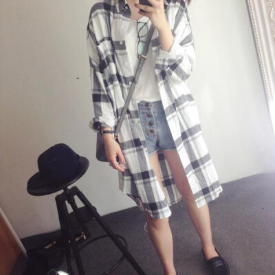im向 韩国订单经典复古灰白格子长款衬衫