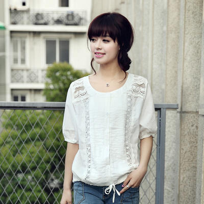 夏 韩版小清新衬衫女短袖镂空女装宽松甜美清新衬衫