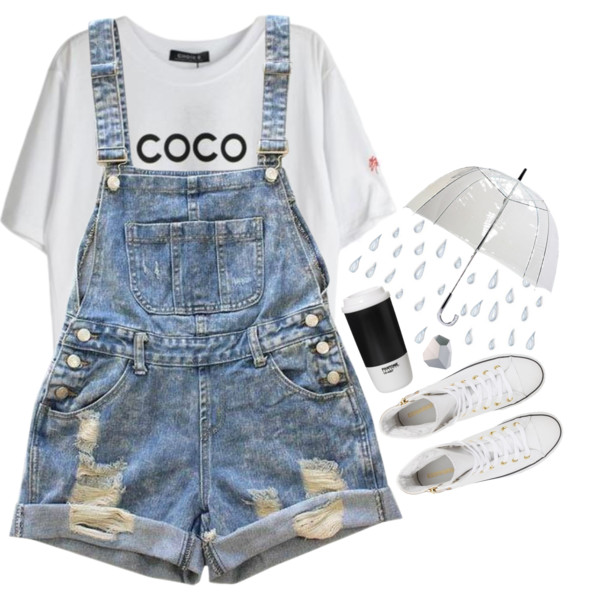 A fashion look from March 2015 featuring white tee, denim jumpsuit and hi tops. Browse and shop related looks.